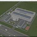 Modern Industrial Factory Complex With Solar Roof Green Surroundings Parking Area And Road Access