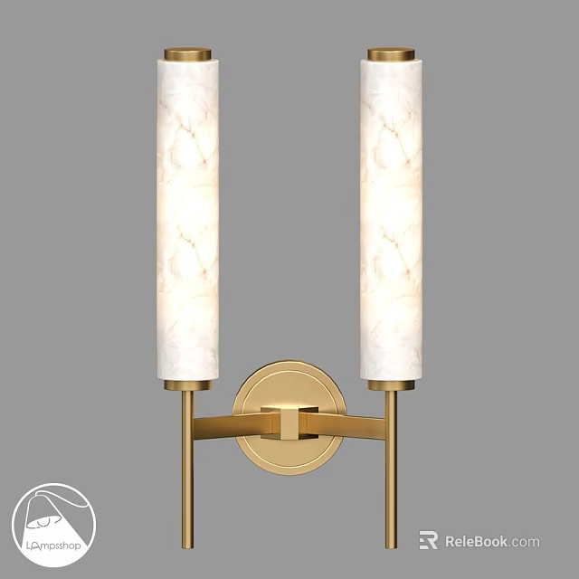Modern Double Wall Sconce With Marble Textured Shades And Golden Metal Bracket 3d model 