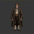 Elderly Man in Brown Long Coat with Hat Tie Belt and Boots Against Gray Background