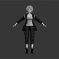 3D Character Model with Silver Hair Blue Eyes Black Jacket Cargo Pants and Outstretched Hands