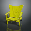 Yellow Wooden Armchair With Wide Backrest And Armrests On Dark Background With Reflection