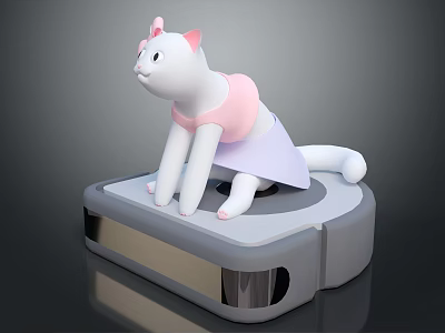 Cute White Cartoon Cat With Pink Ears Sitting On Robotic Vacuum Cleaner 3d model