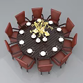 Round Dining Table Set With Eight Red Leather Chairs And White Tableware Yellow Flower Arrangement 3d model