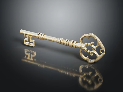 Antique Brass Key With Intricate Patterns On Black Glossy Surface And Reflection 3d model
