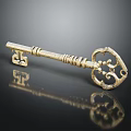 Antique Brass Key With Intricate Patterns On Black Glossy Surface And Reflection 3d model