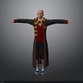Man in black robe red yellow striped scarf red vest blue sneakers with arms outstretched