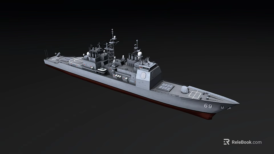 Modern Warship 3D Model With Gray Hull Deck Equipment Antennas And Number 69 3d model 