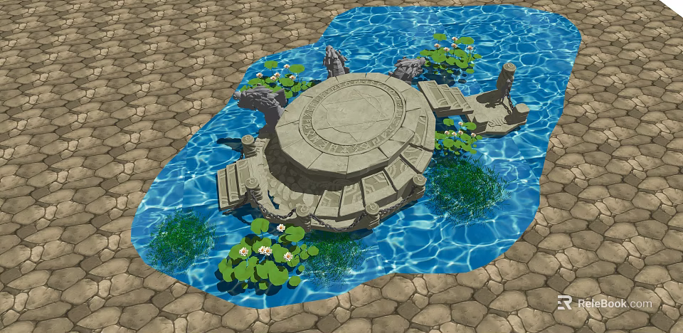 Tranquil Garden Pool Design With Circular Stone Platform Water Lilies And Stone Carvings 3d model 