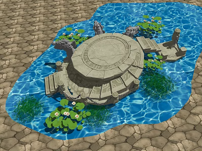 Tranquil Garden Pool Design With Circular Stone Platform Water Lilies And Stone Carvings 3d model