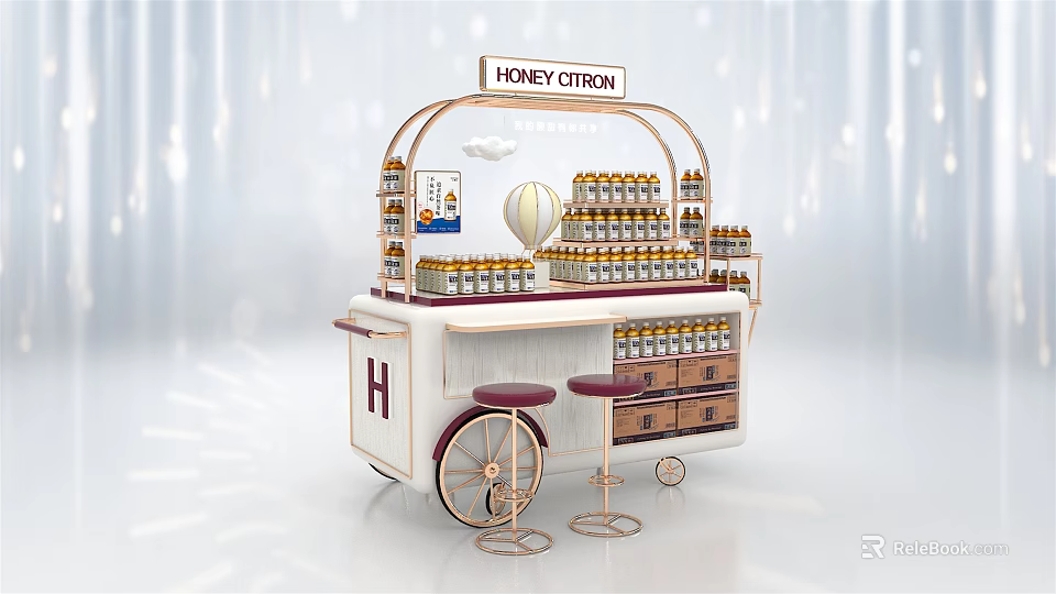 HONEY CITRON Mobile Functional Cart with Display Shelves Holding Bottled Products and Stools 3d model 