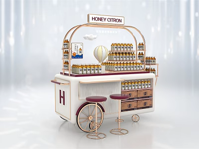 HONEY CITRON Mobile Functional Cart with Display Shelves Holding Bottled Products and Stools 3d model