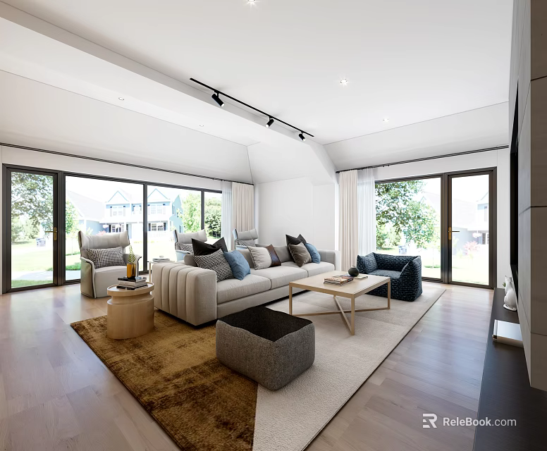 Modern Home Theater Interior With Comfortable Sofas And Big Windows 3d model 