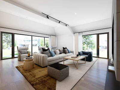 Modern Home Theater Interior With Comfortable Sofas And Big Windows 3d model
