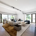 Modern Home Theater Interior With Comfortable Sofas And Big Windows