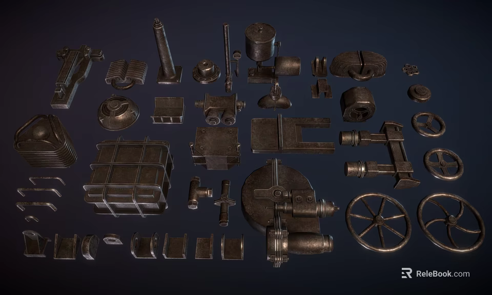 Assorted Metal Mechanical Parts Collection Including Wheels Gears Bolts And Boxes 3d model 
