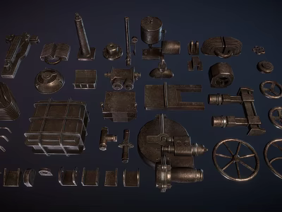 Assorted Metal Mechanical Parts Collection Including Wheels Gears Bolts And Boxes 3d model