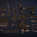 Assorted Metal Mechanical Parts Collection Including Wheels Gears Bolts And Boxes
