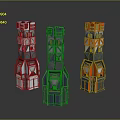 Three Futuristic Tower Structures With Gray Blue And Orange Geometric Layered Designs