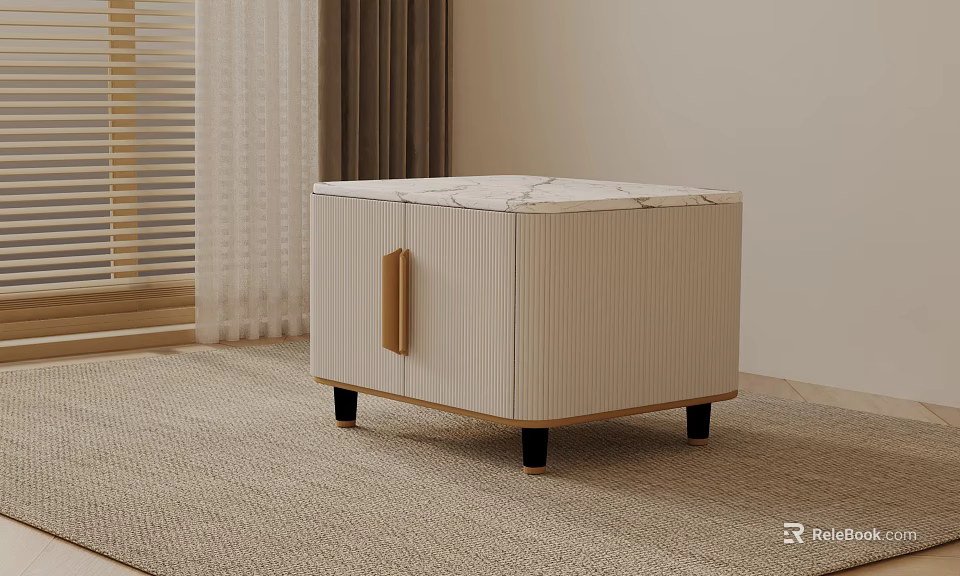 Modern Square Side Table With Marble Top White Striped Cabinet Wooden Handle And Black Legs 3d model 