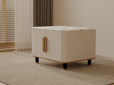 Modern Square Side Table With Marble Top White Striped Cabinet Wooden Handle And Black Legs 3d model