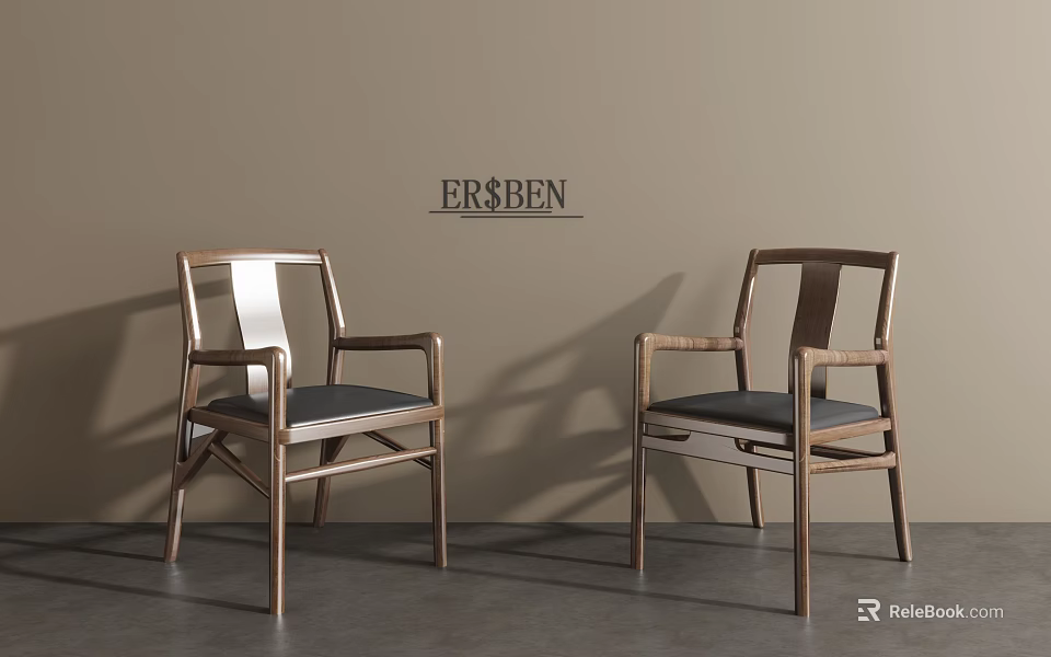 Stylish Wooden Dining Chairs With Armrests And Dark Padded Seats Design 3d model 
