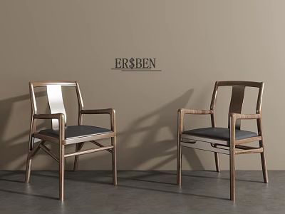 Stylish Wooden Dining Chairs With Armrests And Dark Padded Seats Design 3d model