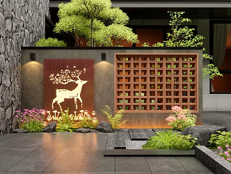 Modern Courtyard Landscape Wall Hollow-out Brick Landscape Wall Screen Partition Enclosure Wall Courtyard Entrance Landscape Wall Weather-resistant Steel Flowers and Plants Combination Plant Landscape 3d model