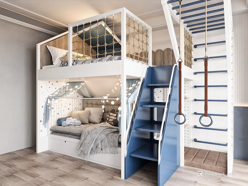 Kids Room Bunk Bed With White Frame Blue Stairs Gym Rings And Star Lights 3d model 