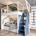 Kids Room Bunk Bed With White Frame Blue Stairs Gym Rings And Star Lights