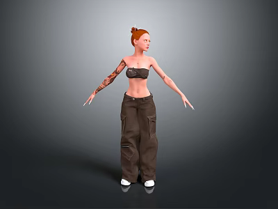 3D Female Character Model With Red Hair Crop Top Tattoos Cargo Pants And White Shoes 3d model