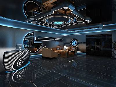 Modern Futuristic Bar Interior With Blue Neon Lights Sleek Counter And Comfortable Seating Area 3d model