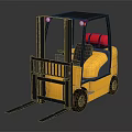 Yellow Industrial Forklift With Black Cab Red Gas Cylinder And Forks