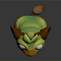 Cartoon Creature 3D Model with Green Body Yellow Face Big Eyes and Leaf Decoration