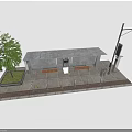 Urban Modern Bus Stop With Shelter Benches Advertising Boards Street Lamp and Tree