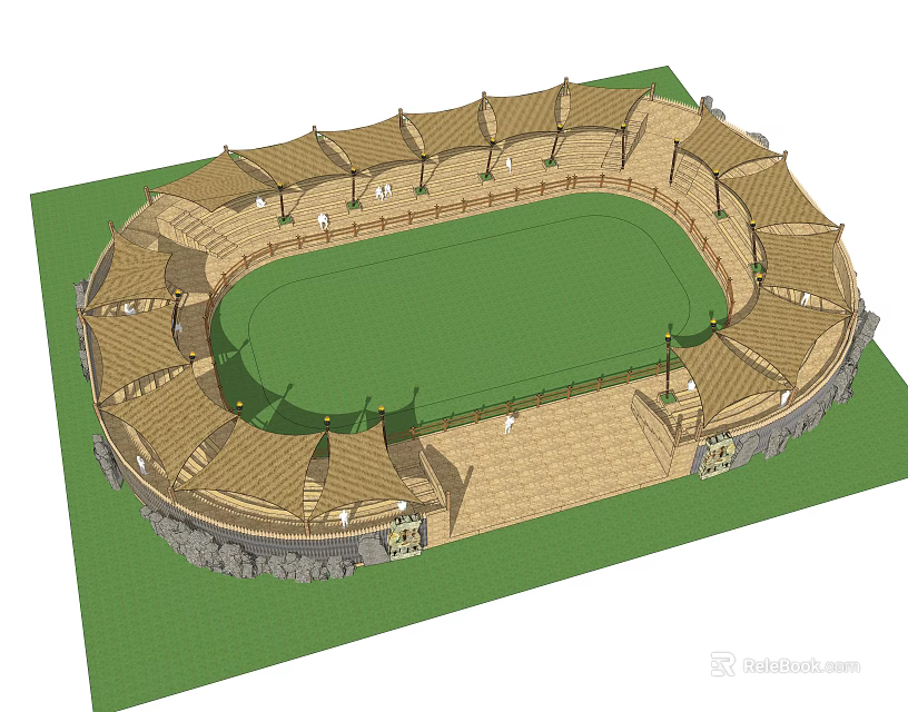 Outdoor Sports Stadium With Oval Green Field And Wooden Stands Stone Decorations And Lamp Posts 3d model 