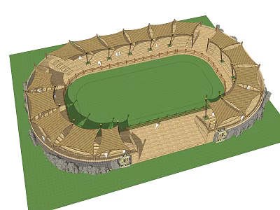Outdoor Sports Stadium With Oval Green Field And Wooden Stands Stone Decorations And Lamp Posts 3d model