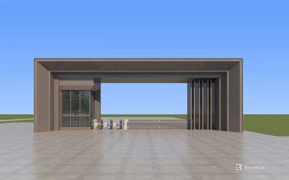 Modern Entrance Gate Design With Glass Panels Metal Frame Paved Ground And Blue Sky Background 3d model 