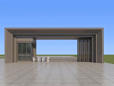 Modern Entrance Gate Design With Glass Panels Metal Frame Paved Ground And Blue Sky Background 3d model