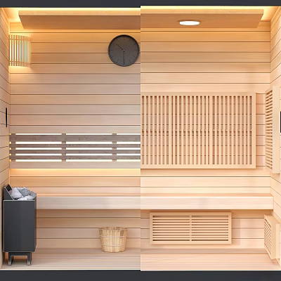 Sauna Room Wooden Interior With Bench Clock Slatted Panels And Warm Lighting 3d model