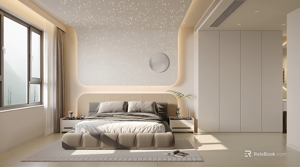 Modern Bedroom Interior Design Featuring Starry Ceiling Round Mirror And Built in Cabinets 3d model 