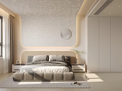 Modern Bedroom Interior Design Featuring Starry Ceiling Round Mirror And Built in Cabinets 3d model