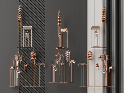 Modern Chinese Style Metal Wall Decor With Tower Pavilion Layered Structure 3d model