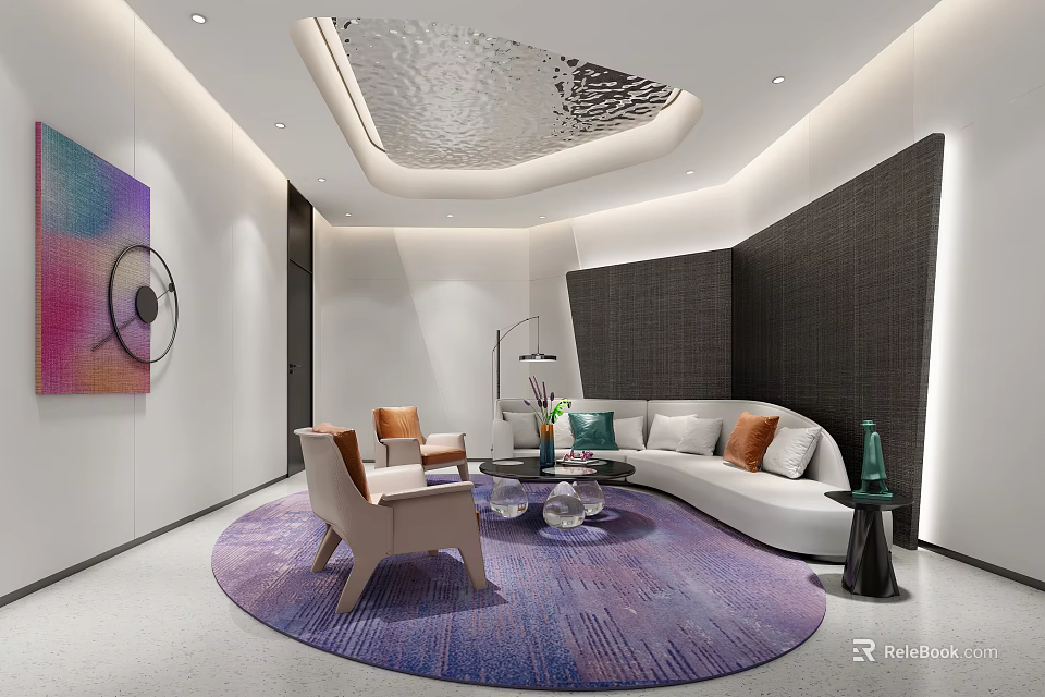 Stylish Modern Lounge Area With White Sofa Chairs Round Purple Rug Glass Coffee Table Lighting 3d model 