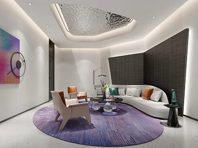 Stylish Modern Lounge Area With White Sofa Chairs Round Purple Rug Glass Coffee Table Lighting 3d model