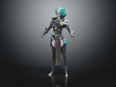 Fantasy Female Character In Ornate Armor With Green Headdress Golden Accents And Blue Details 3d model