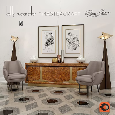 Modern Light Gray Sofa Set With Armchairs Console Table And Floor Lamps 3d model