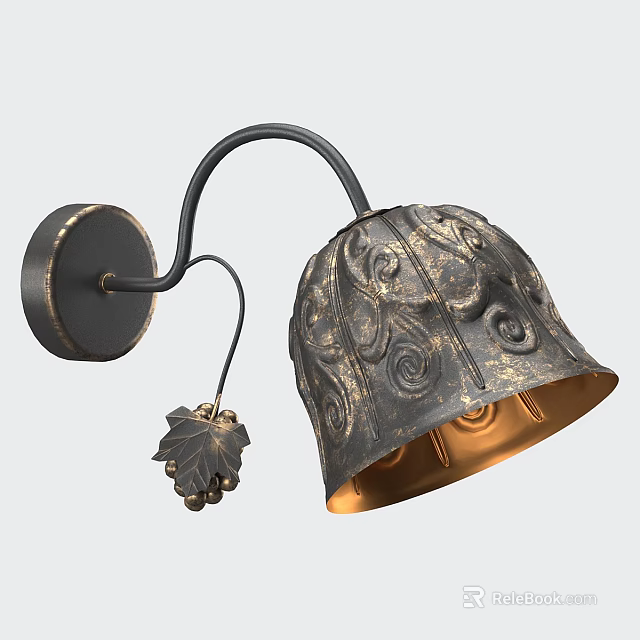 Vintage Wall Lamp with Carved Patterns and Metallic Grape Leaf Pendant Design 3d model 