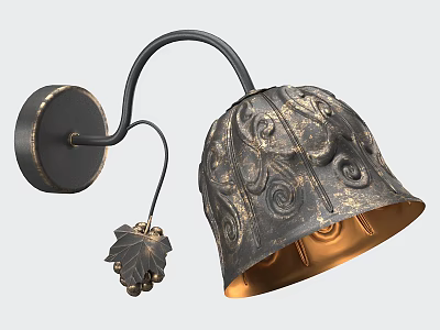 Vintage Wall Lamp with Carved Patterns and Metallic Grape Leaf Pendant Design 3d model