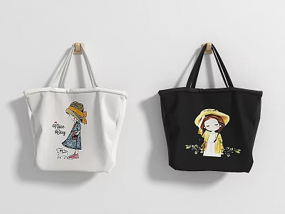 White And Black Tote Bags With Cartoon Girl Hat Design And Stay Happy Text 3d model