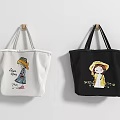 White And Black Tote Bags With Cartoon Girl Hat Design And Stay Happy Text